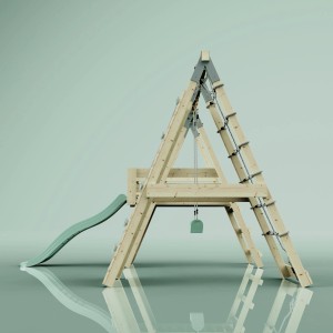 PolarPlay Klettergerüst Pinguin in Mintgrün mit Schaukel, Rutsche und Kletterwand.