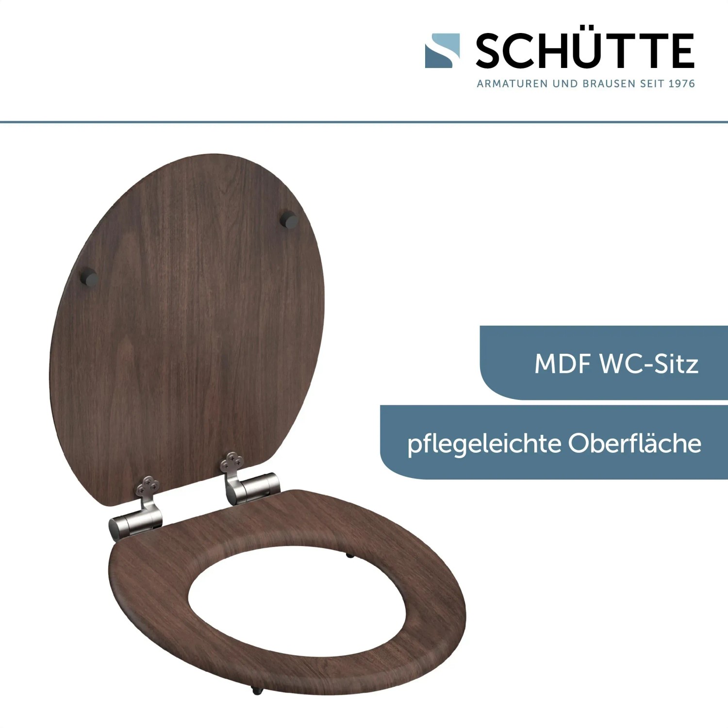 Schütte WC-Sitz Dark Wood mit Absenkautomatik, Holzkern, Standardgröße.