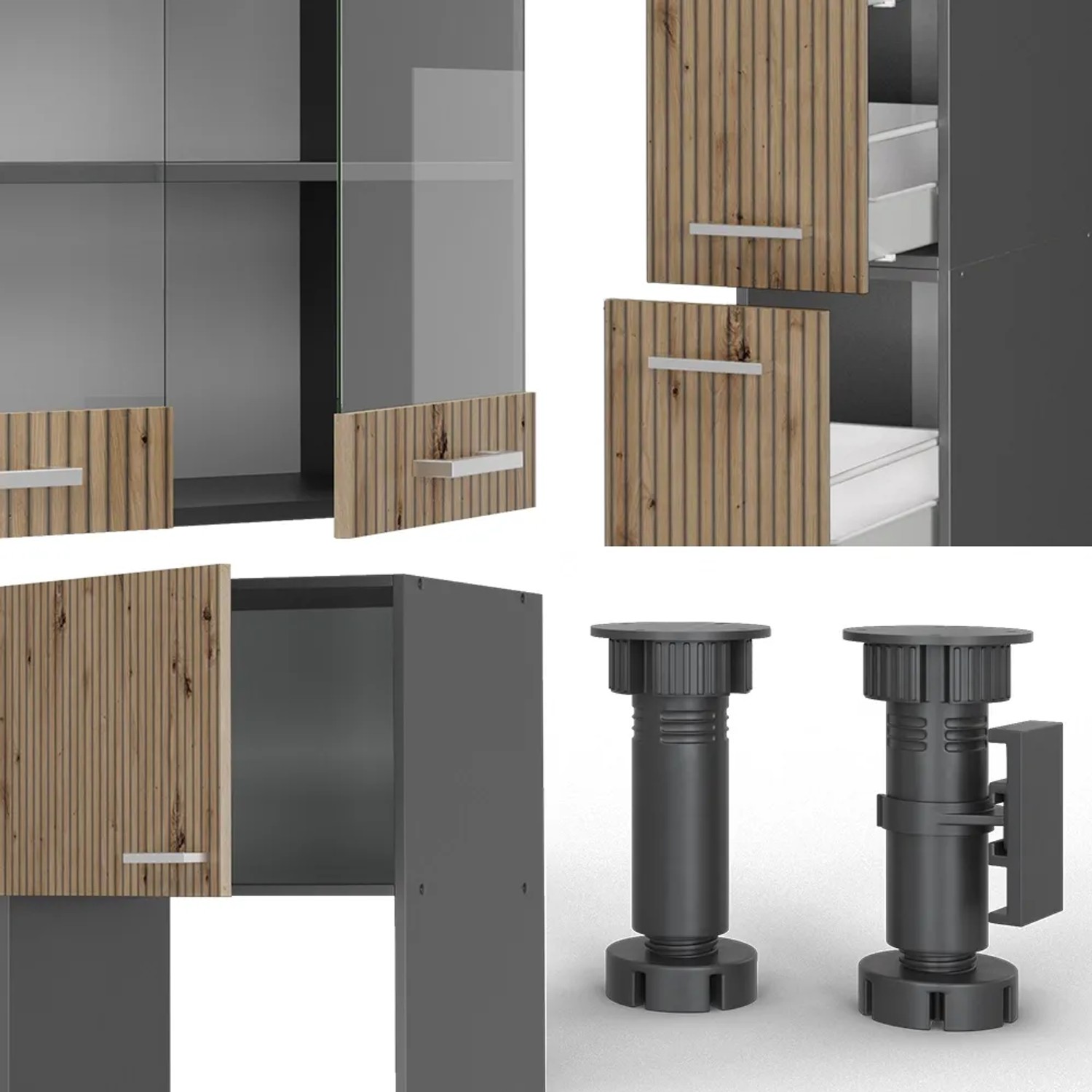 Vicco R-Line Küche 350cm in Artisan Eiche/Anthrazit mit Hochschrank, Details der Küchenzeile.