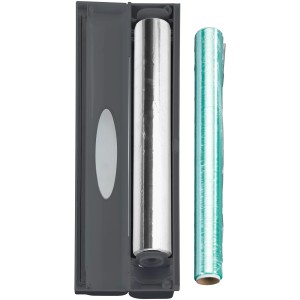 Wenko Folienschneider Perfect-Cutter anthrazit mit Alufolie und Frischhaltefolie.