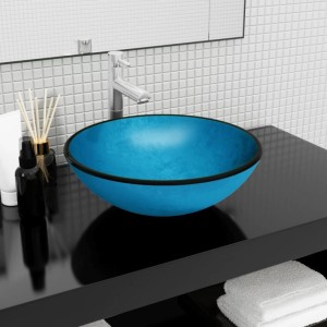 Blaues vidaXL Waschbecken aus Hartglas, rund, auf schwarzem Waschtisch. Modernes Aufsatzwaschbecken für Badezimmer.