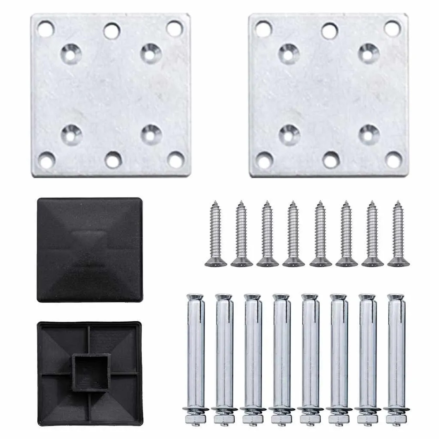 Montagezubehör für vidaXL WPC Zaunelement: zwei Metall-Bodenplatten, schwarze Kappen, Schrauben und Ankerbolzen.