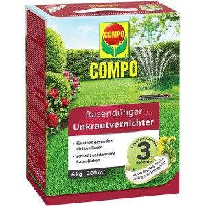 Verpackung Compo Rasendünger plus Unkrautvernichter, 6 kg für 200 m², für einen gesunden Rasen.