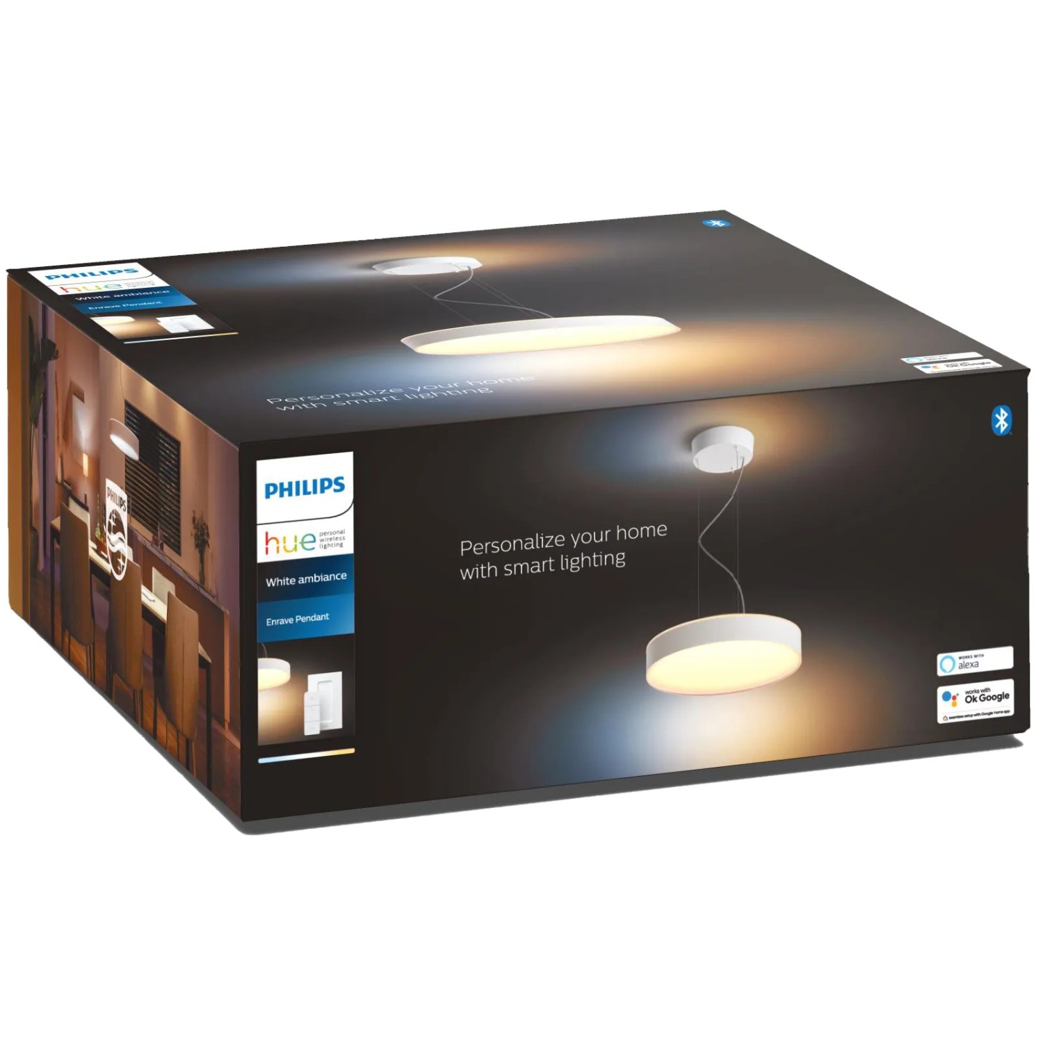 Verpackung der weißen Philips Hue Enrave Pendelleuchte mit Dimmer und Ambiente Licht.
