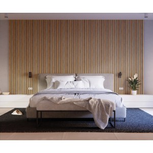 Schlafzimmer mit Akustikpaneel Eiche/Schwarz. Wandpaneel aus Holz und Filz für bessere Raumakustik.