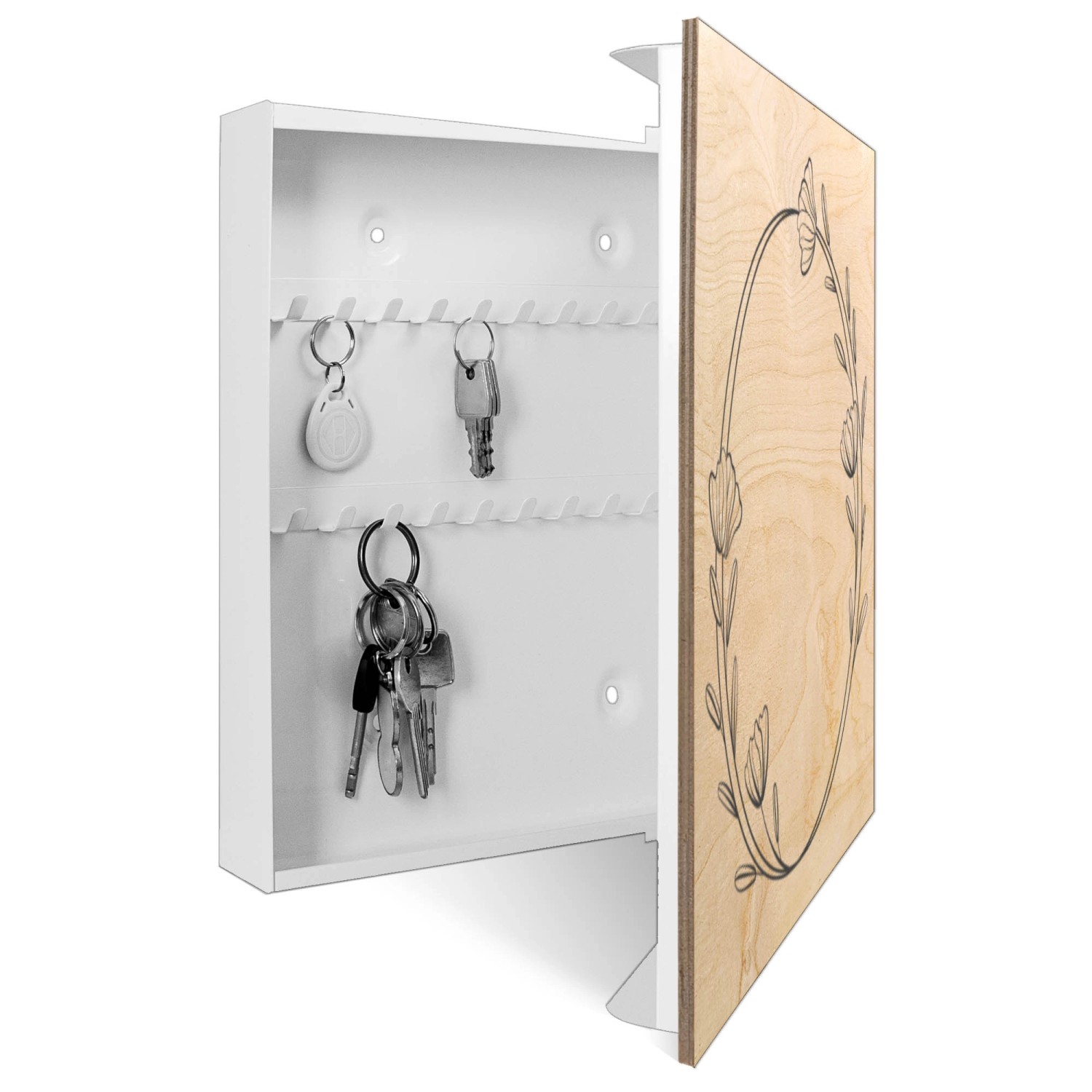 Offene, weiße Schlüsselbox aus Holz (30x30cm) mit floralem Design und 50 Haken.