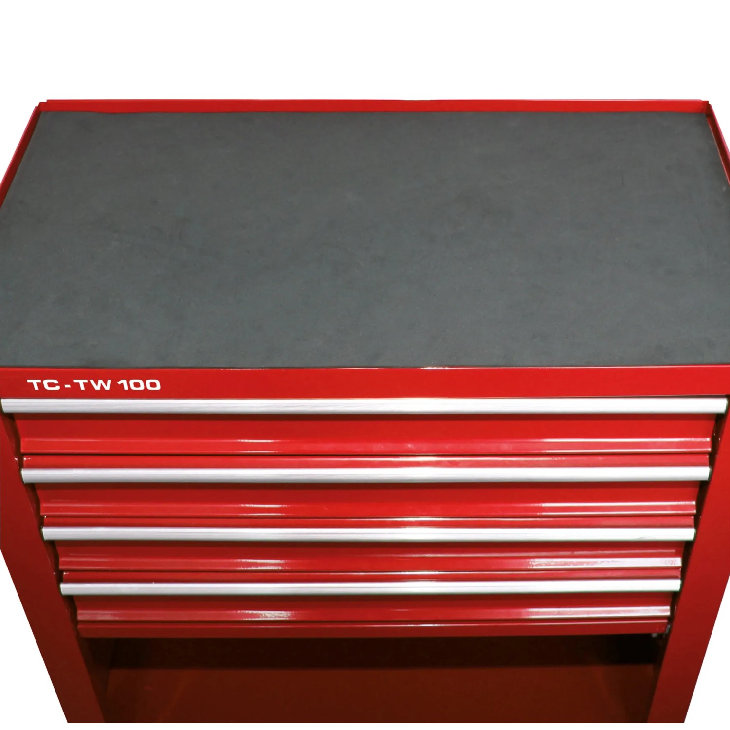 Roter Einhell Werkstattwagen TC-TW 100 mit 4 Schubladen und Ablagefläche.