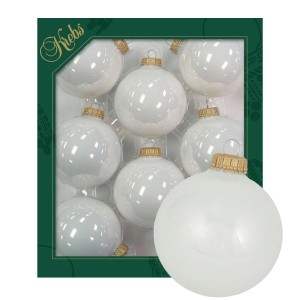Weihnachtskugeln Set: 8 weiße, glänzende Glaskugeln (7cm) von Krebs Glas Lauscha mit goldenen Splinten.
