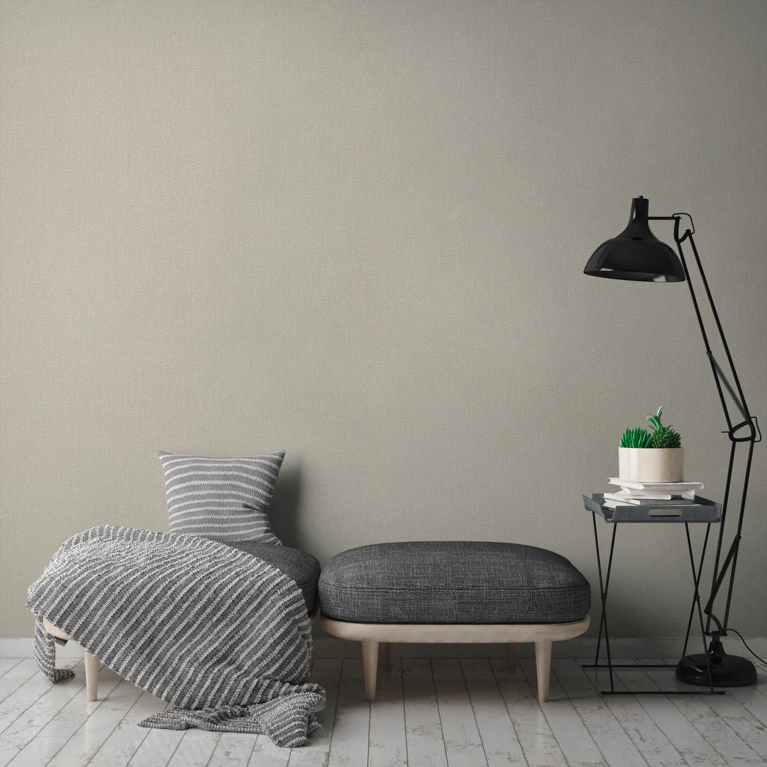 A.S. Création Vliestapete Uni Beige an Wand im Wohnraum mit Möbeln.