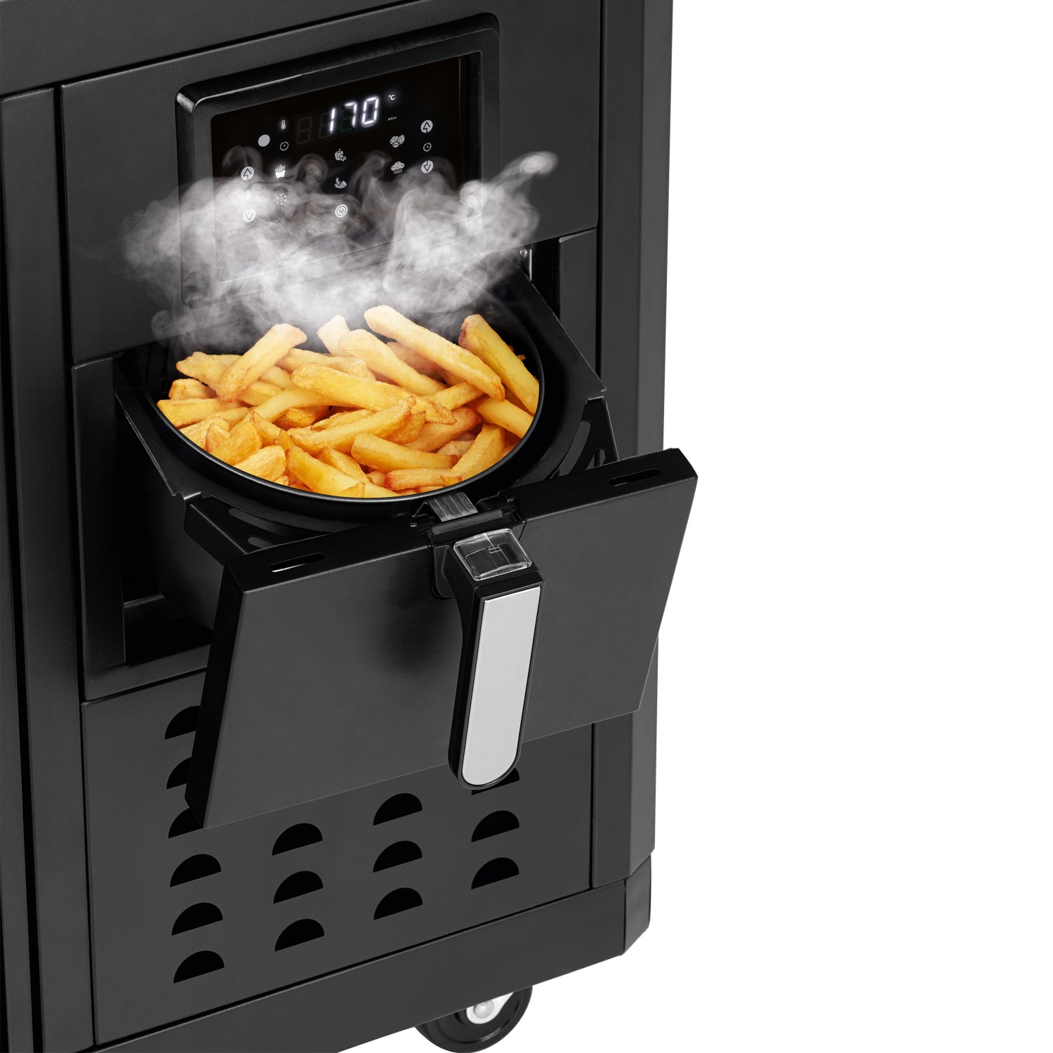 Landmann Gasgrill mit Heißluftfritteuse, Pommes frites im Frittierkorb.