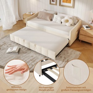 PXloue Schlafsofa Tagesbett Polsterbett Ausziehbett 90/180x200cm mit Seitentaschen Samt Beige