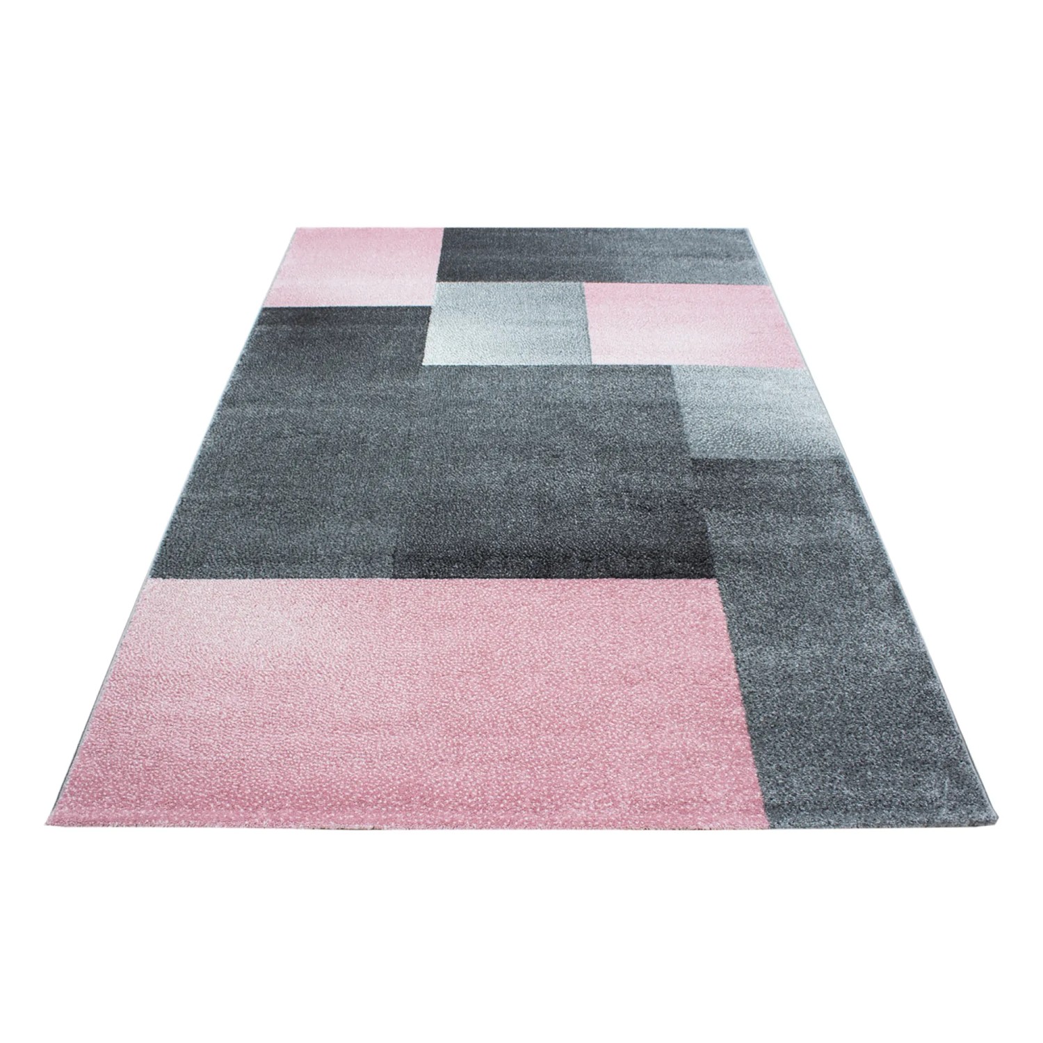 Ayyildiz Kurzflorteppich Lucca in Pink und Grau, 160x230 cm. Moderner Teppich mit geometrischem Muster.