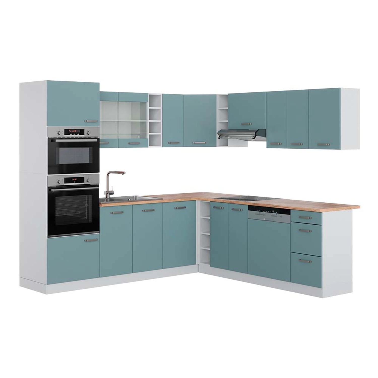 Vicco R-Line Einbauküche in L-Form Blau-Grau/Weiß 237 x 247 cm AP Eiche günstig online kaufen