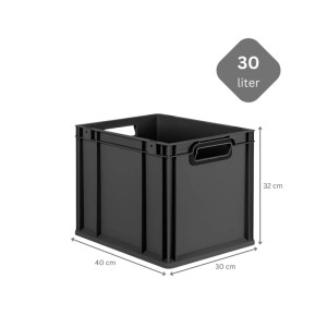 Schwarze PROREGAL Eurobox 30L mit Deckel, 30x40x32cm, als Transport- und Aufbewahrungsbox.