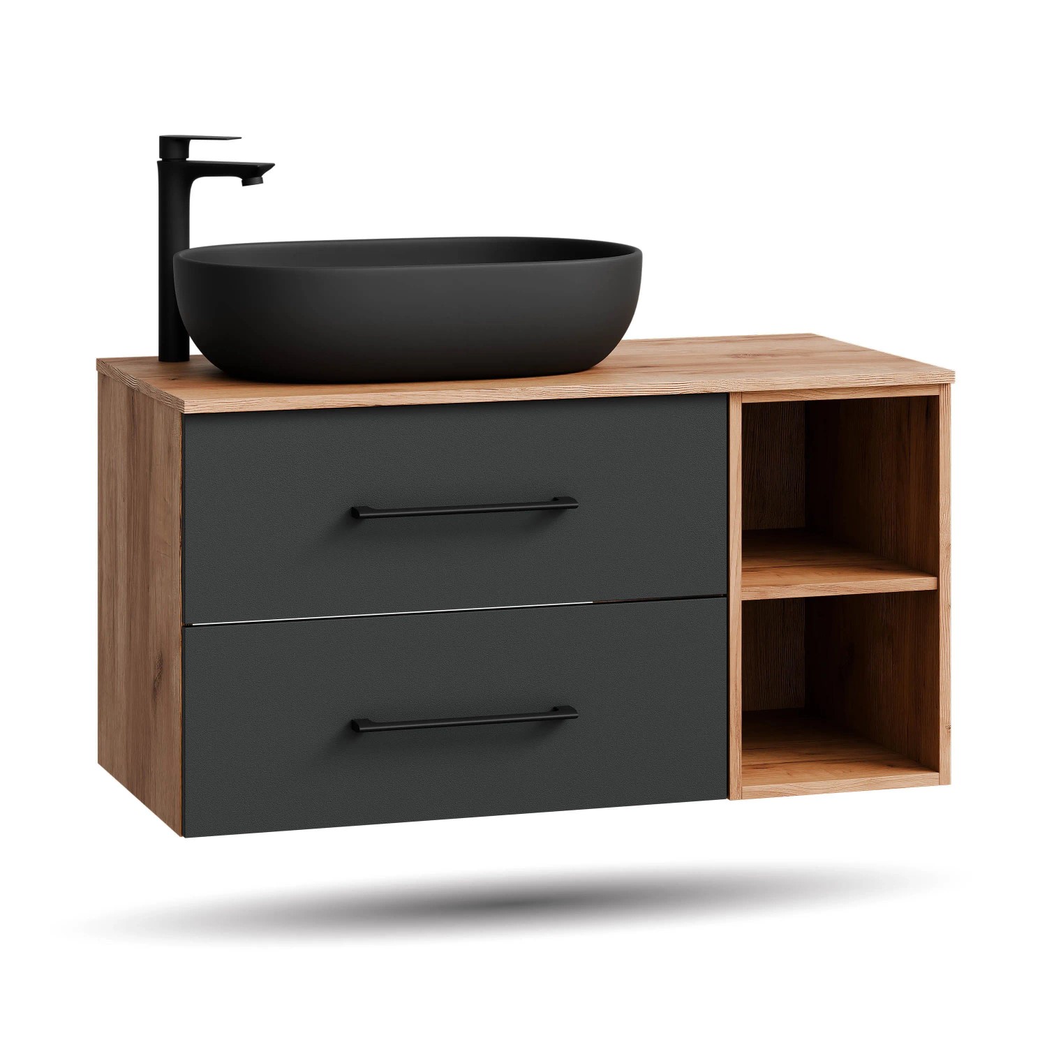 Planetmöbel LUX Waschtischunterschrank 100 cm mit Aufsatzwaschbecken 60 cm Schwarz Soft Close