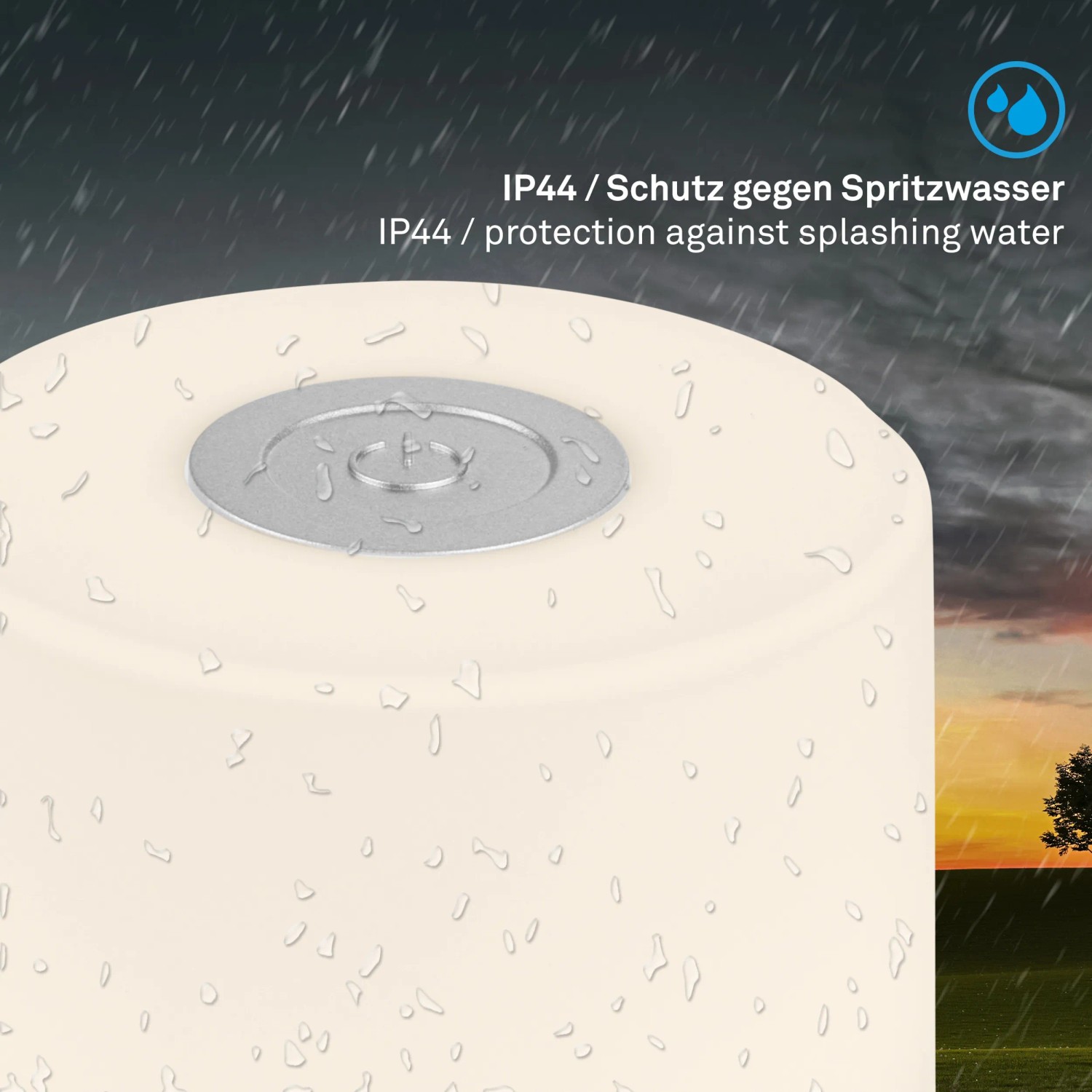 Brilo Akku-Tischleuchte Smal, chrom-matt, spritzwassergeschützt (IP44).