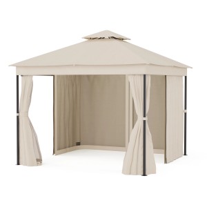 Beiger Blumfeldt Mondo Dual Pavillon 3x3 m mit Doppeldach und Moskitonetzen.