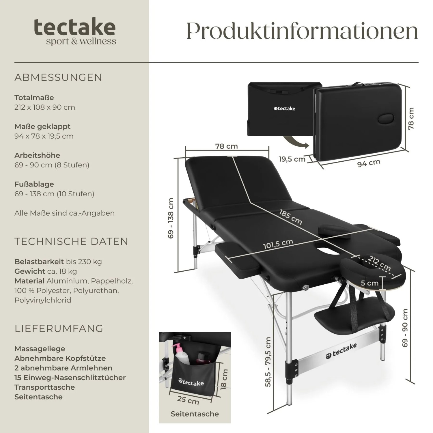 Tectake 3 Zonen Massageliege Ko Tao Breite 78 cm Polsterung 5 cm Inklusive Tragetasche und 15 Einwegtücher 212 x 108 x 90 cm Schwarz_6