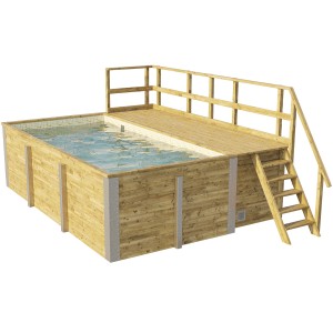 Weka Holzpool mit Sonnendeck, Technikraum und Mosaikfolie. Ideal für Badespaß im Garten.