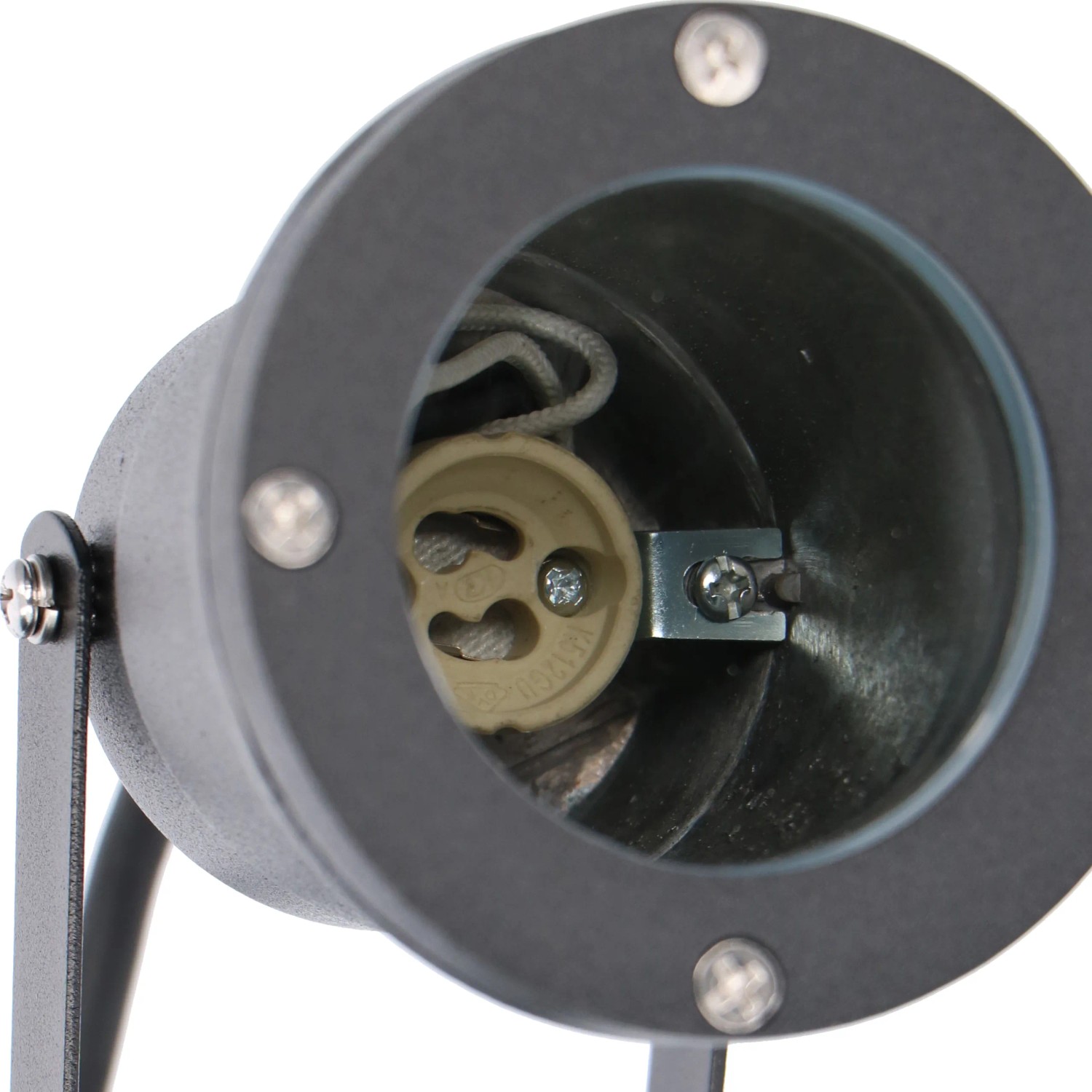 Detailaufnahme der schwarzen LED's Work Außenleuchte mit GU10 Fassung und Erdspieß.