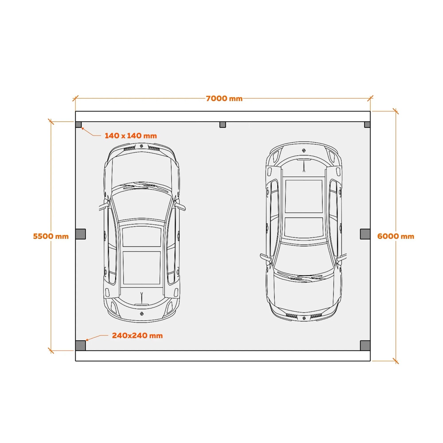 Draufsicht: Holzbrüder Carport Ralf 42, Maße 7000x6000mm, zwei Autos, Pfosten 140/240mm.