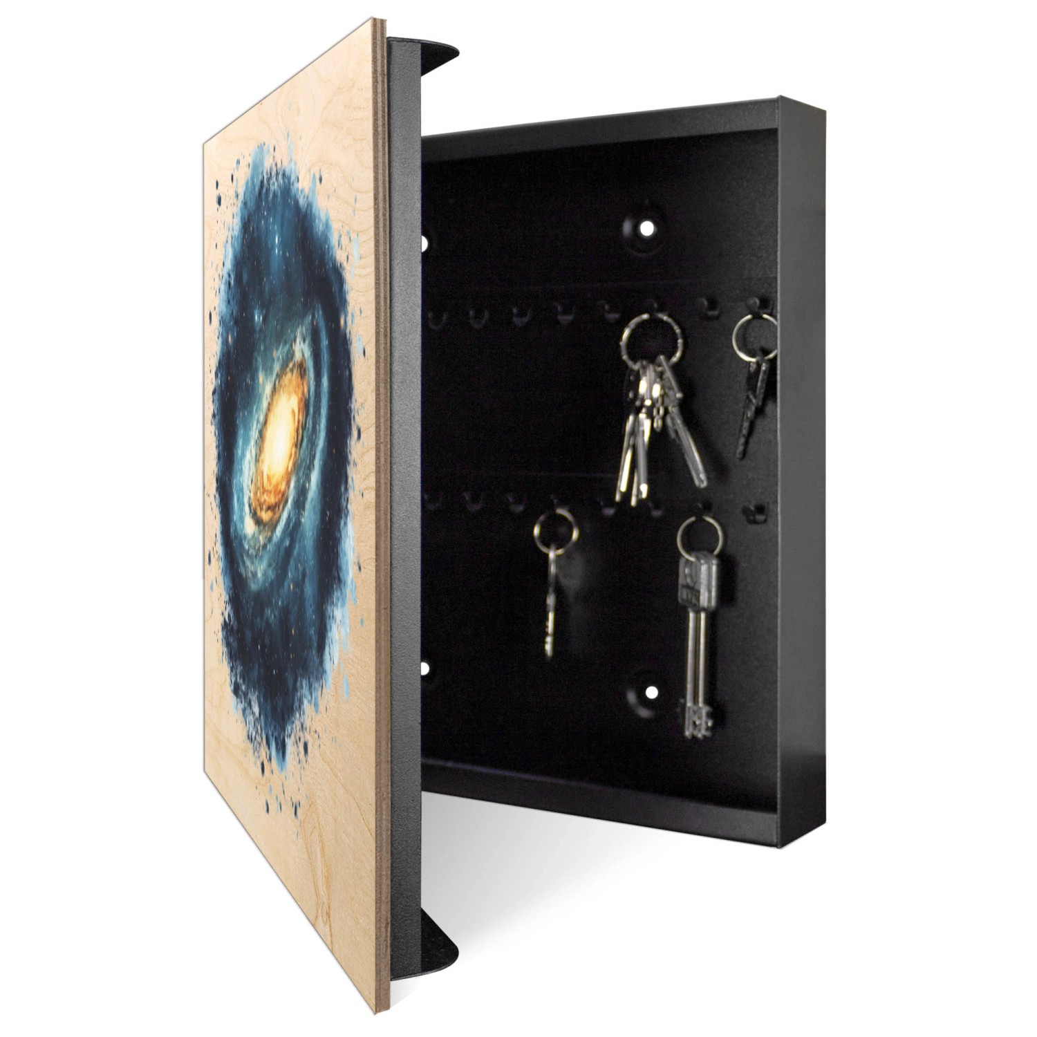 Offener, schwarzer Schlüsselkasten aus Holz (30x30cm) mit Galaxie-Motiv und 50 Haken zur Schlüsselaufbewahrung.