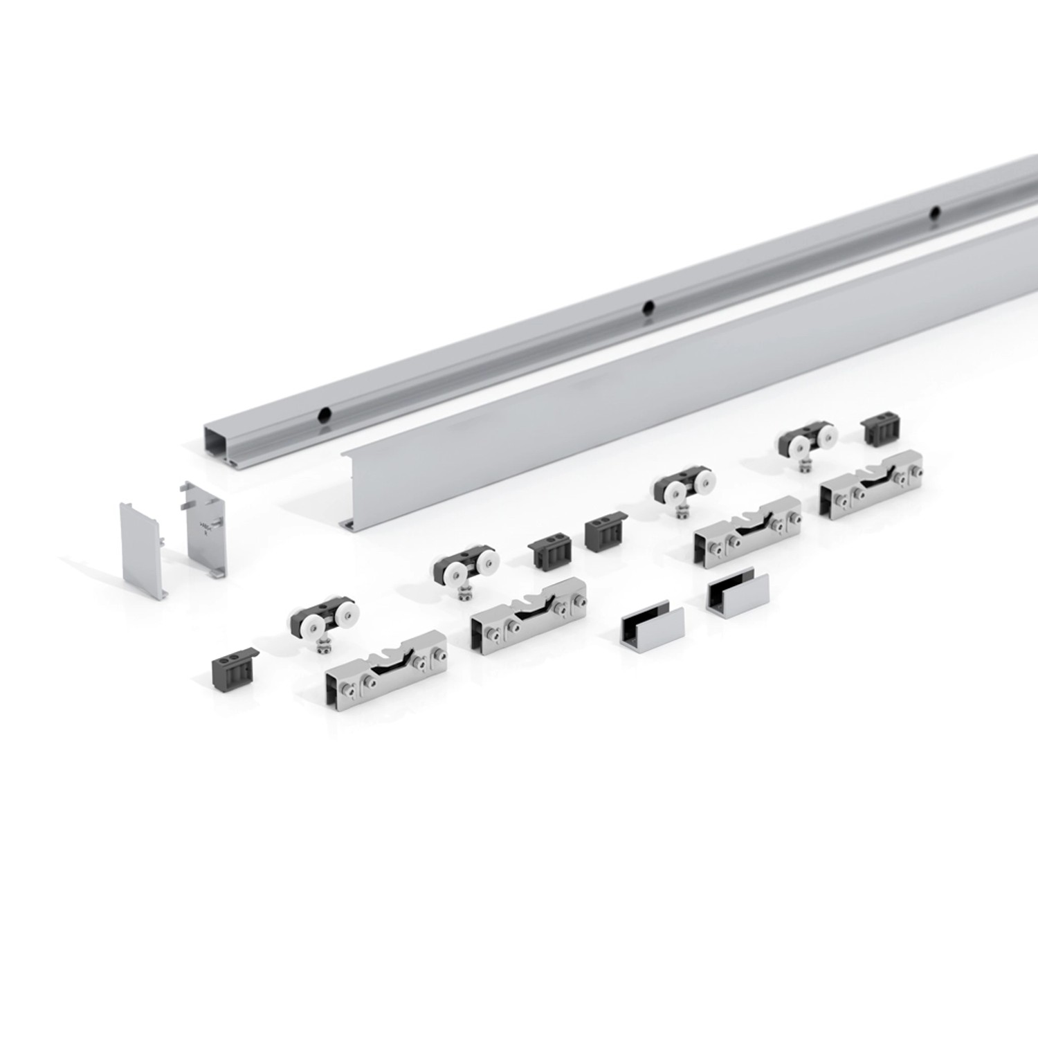 Levidor Doppelglasschiebetür Komplettset: Schienensystem und Zubehörteile aus Aluminium.