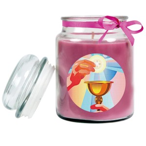 Lila Duftkerze im Glas mit Kommunion-Motiv und Schleife, ideal als Geschenk.