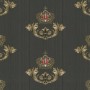 Glööckler Vliestapete mit Krone, Blattmotiv und Wappen in Schwarz-Gold für ein luxuriöses Ambiente.