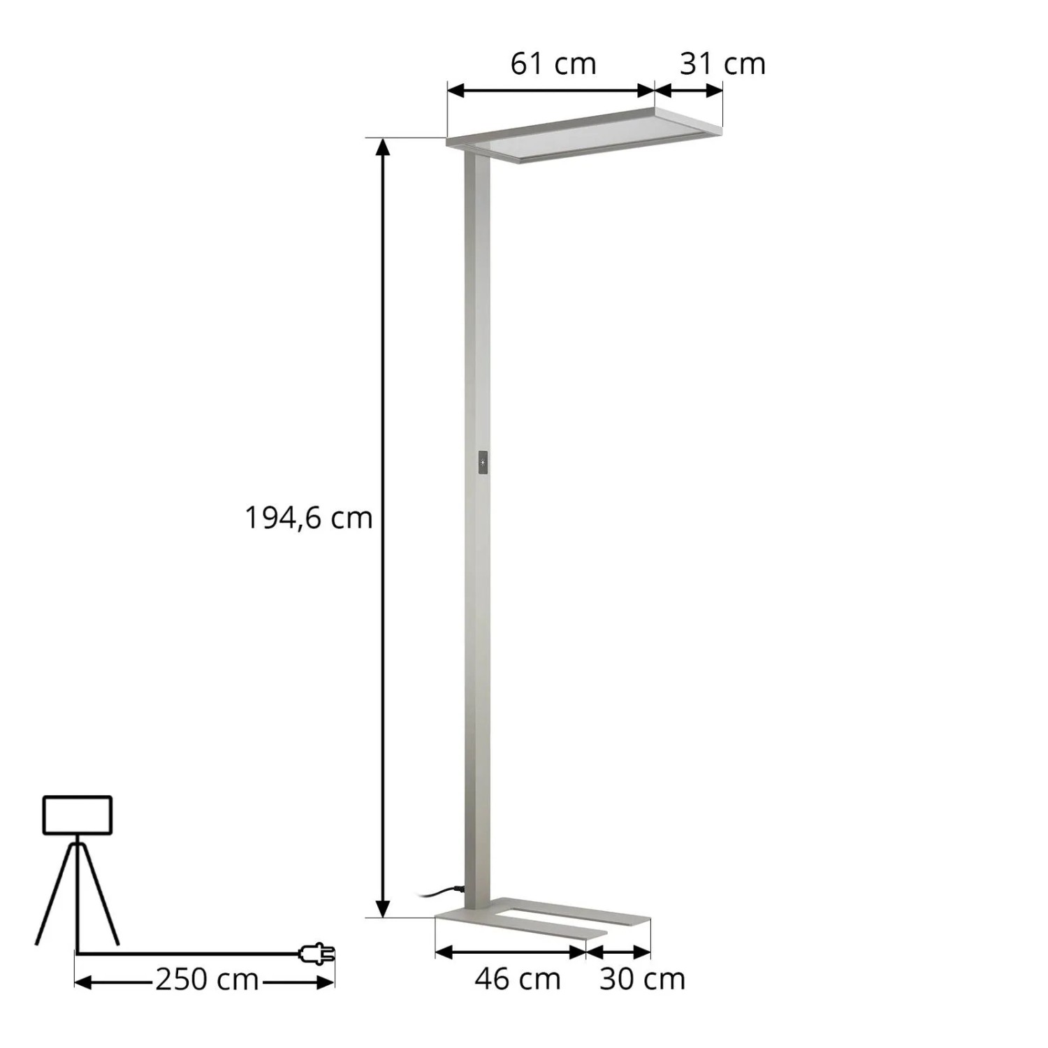 Moderne, dimmbare LED Bürostehleuchte Taronis in Alu, 195cm hoch, für Arbeitszimmer & Büro.