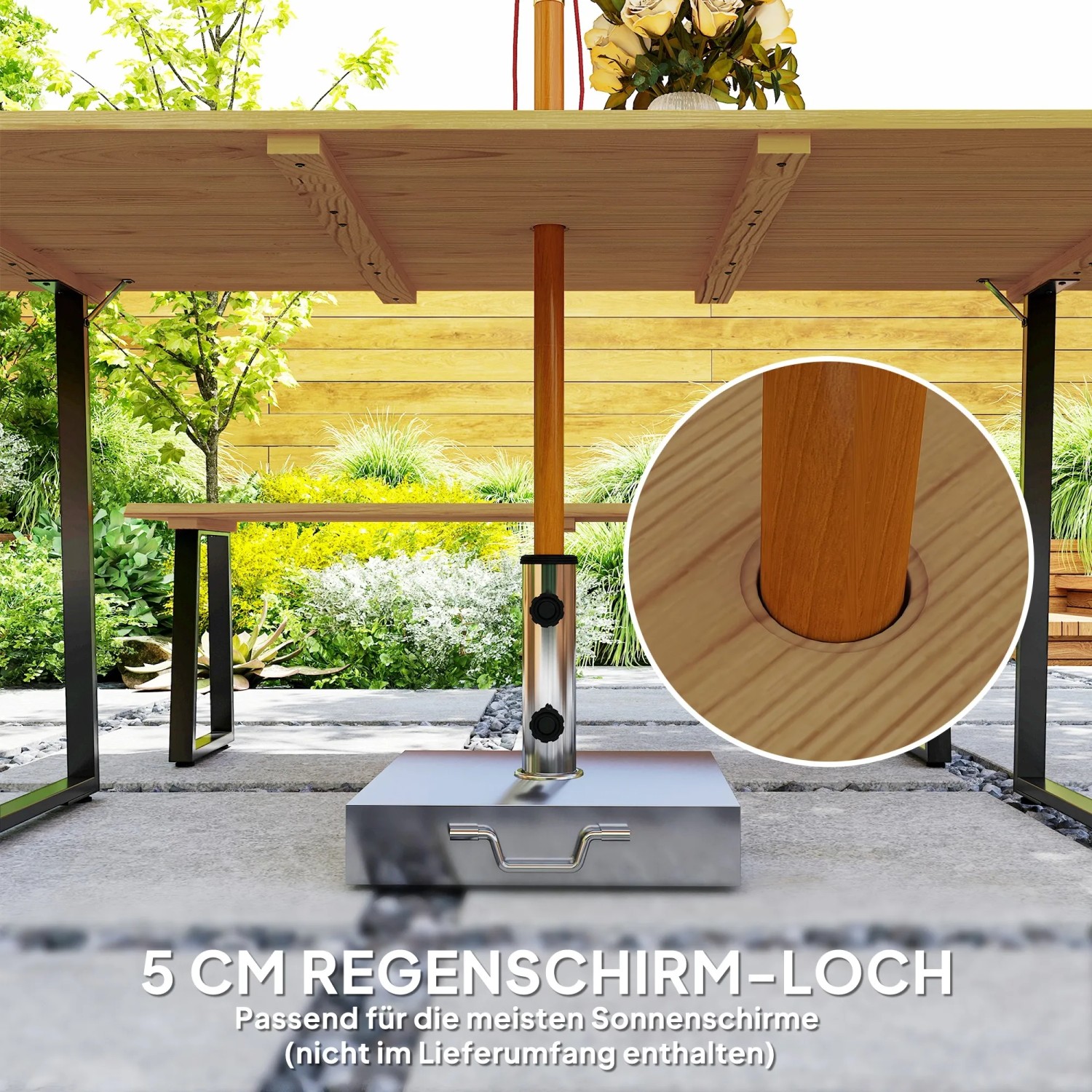 5 cm Schirmloch im Tannenholz-Tisch der Outsunny Garten-Sitzgruppe. Ideal für Sonnenschirme auf Terrasse oder im Garten.