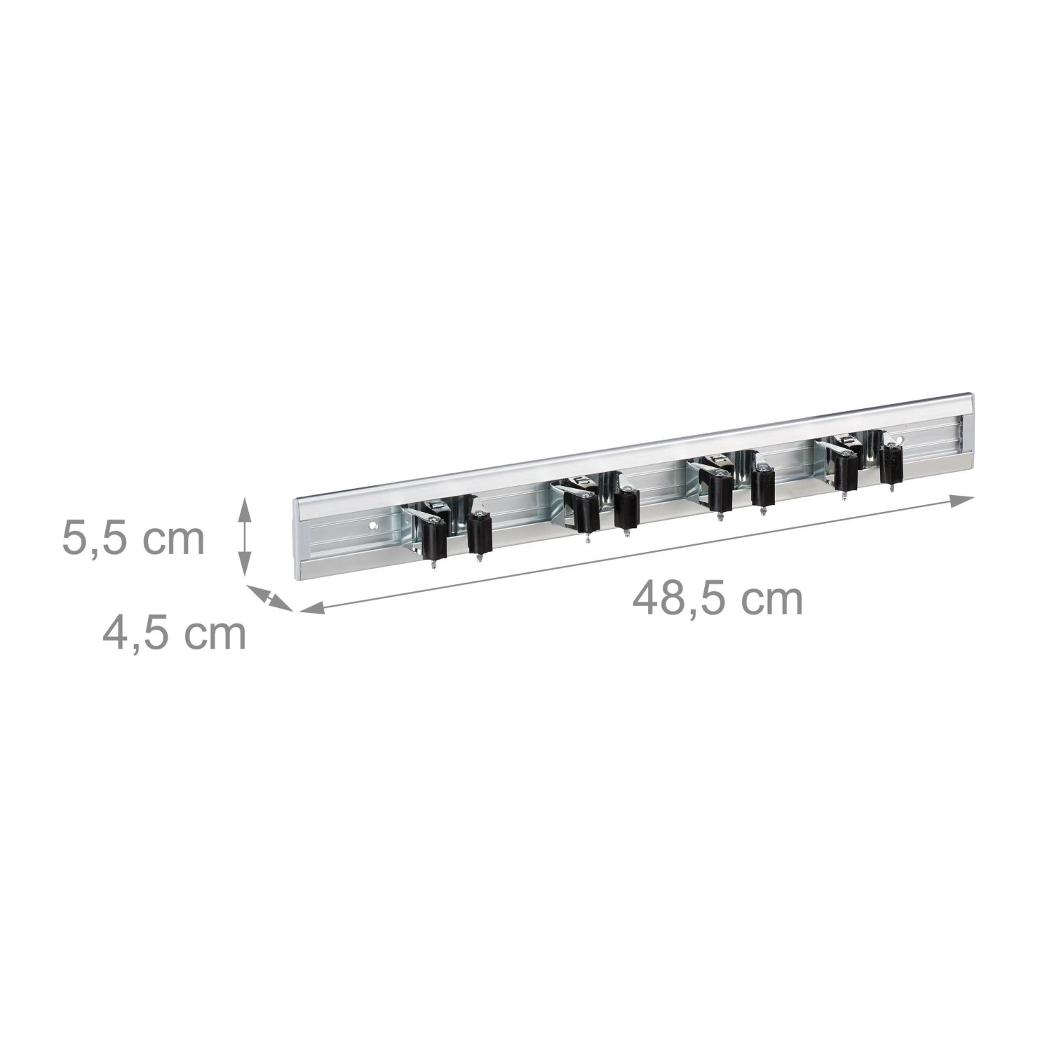 Aluminium Gerätehalter mit 4 schwarzen, verstellbaren Klemmen zur Wandmontage. Für Gartenwerkzeuge & Besen.