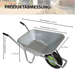 TRUTZHOLM Schubkarre: Maße der Stahlmulde, des Rahmens und des Luftrads im Überblick.