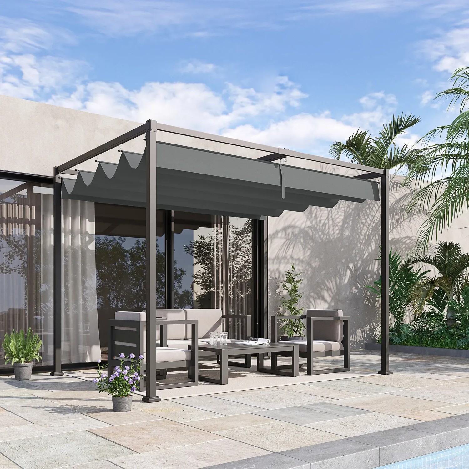 Graue Outsunny Pergola mit Terrassendach aus Polyester, 298x213x221 cm, für Garten & Terrasse.