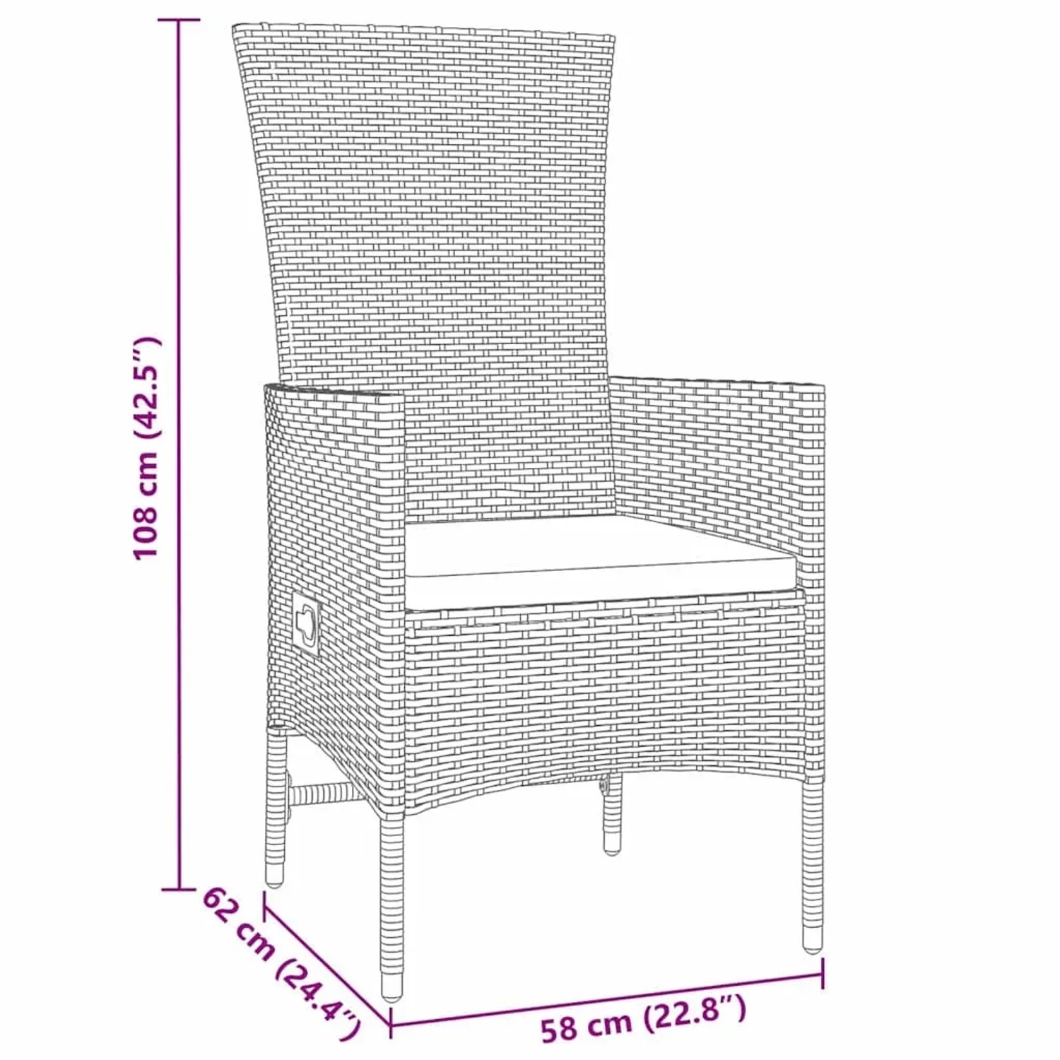 vidaXL Gartenstuhl, beige Poly Rattan, mit Kissen, Maße eingezeichnet, Teil der 5-tlg. Essgruppe.
