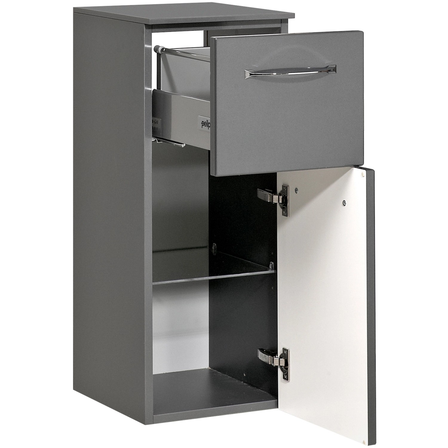 Pelipal Bad-Hängeschrank Quantum 03, anthrazit, 30 cm breit, mit Schublade und Tür geöffnet.