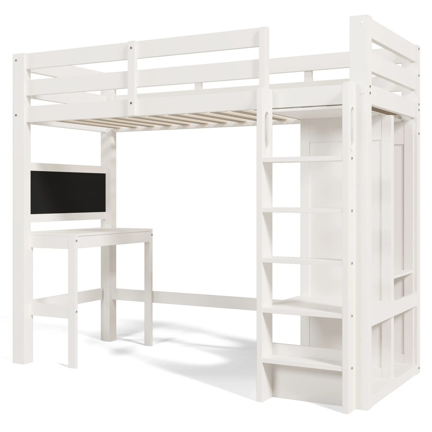okwish Hochbett 90x200cm mit Schreibtisch Regalen Kinderzimmer Weiß ohne Matratze