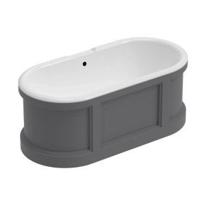 Freistehende Badewanne Cavaso in Grau, 151 cm, mit weißem Innenraum und Landhausstil-Verkleidung.