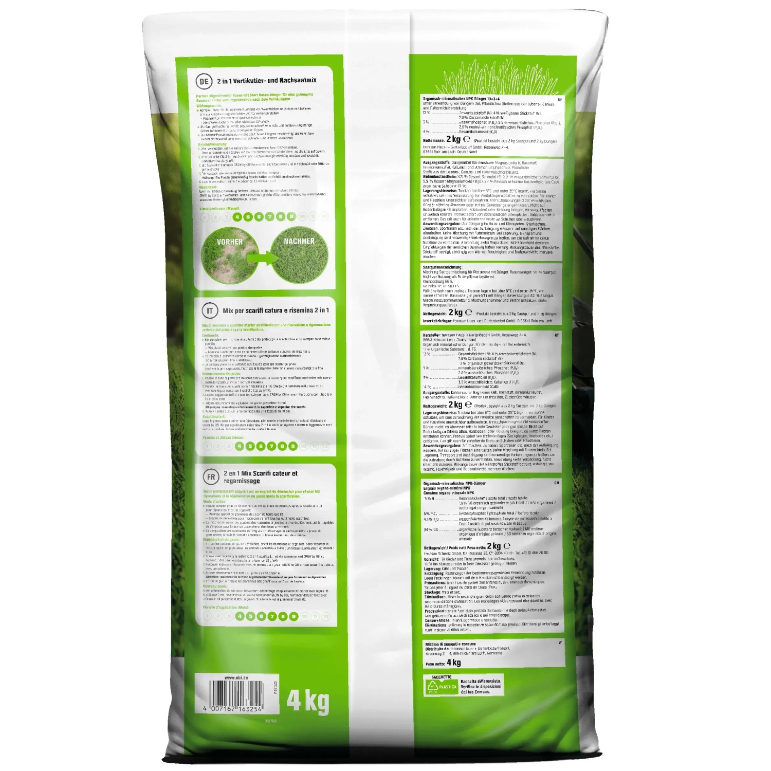 OBI 2 in 1 Vertikutier- und Nachsaatmix, 4 kg Sack. Rasensamen für dichten, grünen Rasen.