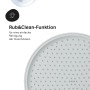 Nahaufnahme der AM.PM Kopfbrause mit vielen Düsen und dem Text "Rub&Clean-Funktion für einfache Reinigung".