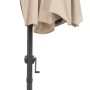 Zusammengeklappter, naturfarbener Schneider Balkonschirm 150x150 cm mit Kurbel.