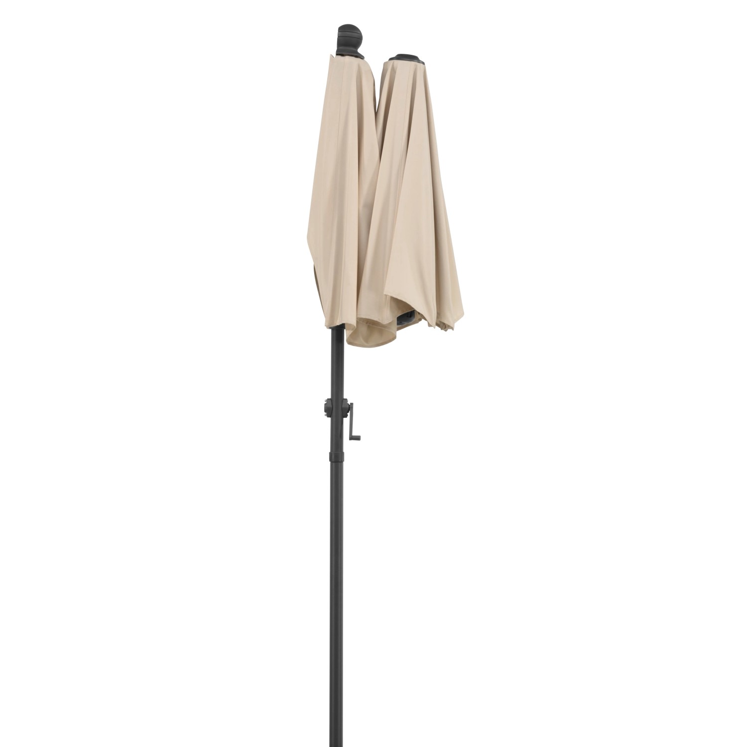 Zusammengeklappter, naturfarbener Schneider Balkonschirm 150x150 cm mit Kurbel.