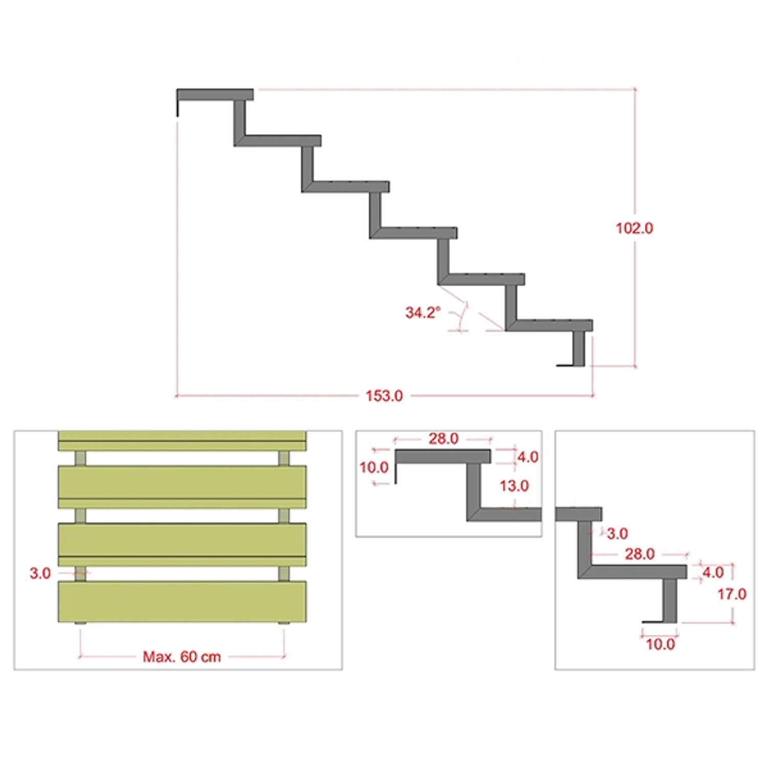 Technische Zeichnung: Plus A/S Treppenwange, 6 Stufen, Maße und Details.