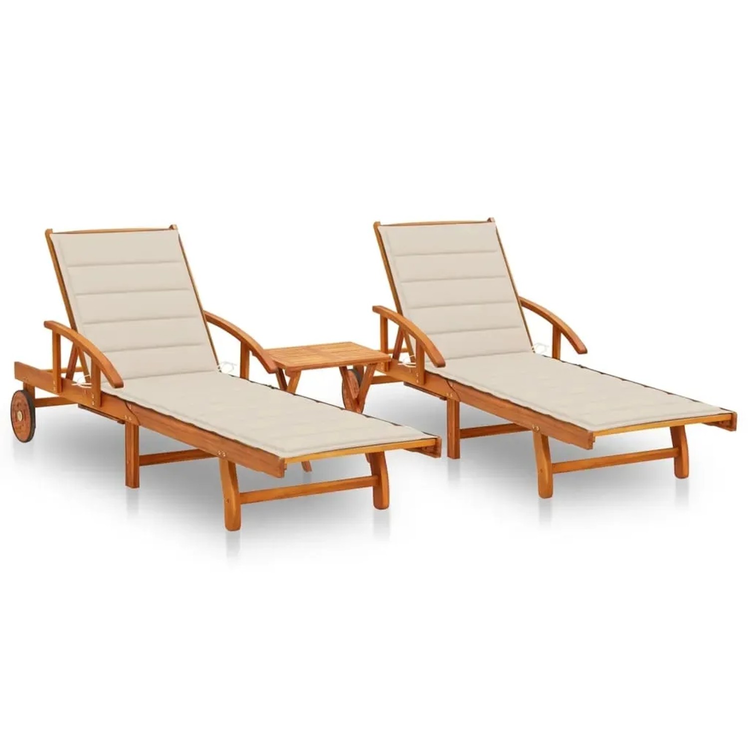 vidaXL Sonnenliegen 2 Stk. mit Tisch und Auflagen Massivholz Akazie Kissenfarbe  Beige