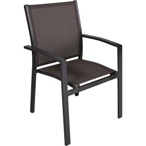 Gartenmöbel Stuhl aus dem 5-teiligen Garden Pleasure Rana Set, dunkelgraues Aluminiumgestell mit Textilbespannung.