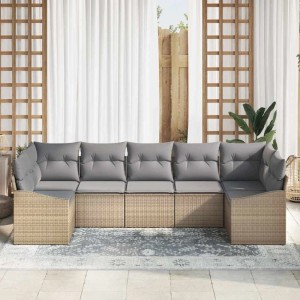 vidaXL Garten Essgruppe: 7-tlg. Lounge-Set in Beige/Hellgrau. Modulares Polyrattan-Sofa mit grauen Kissen.