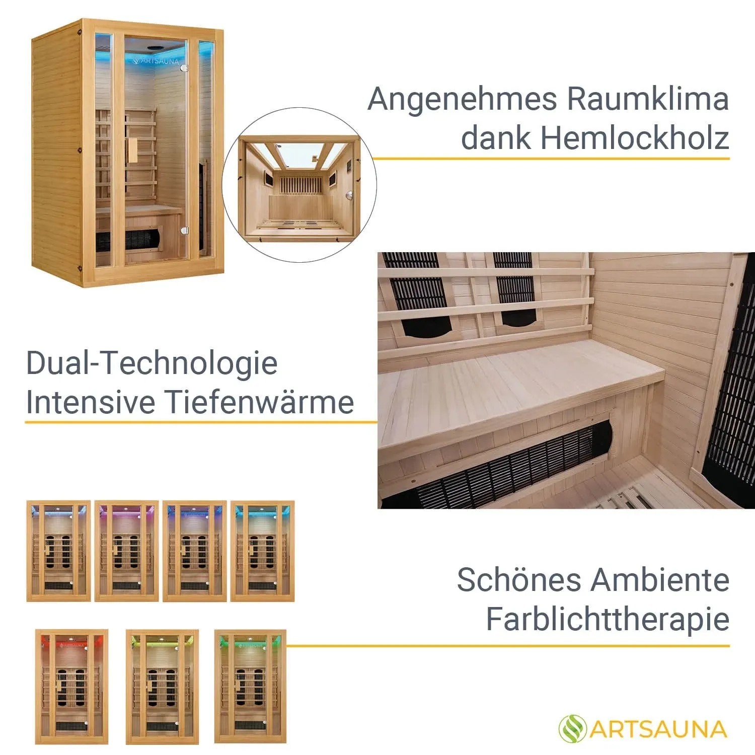 Artsauna Infrarotkabine Nyborg S120K aus Hemlockholz mit Keramikstrahler und LED-Beleuchtung.