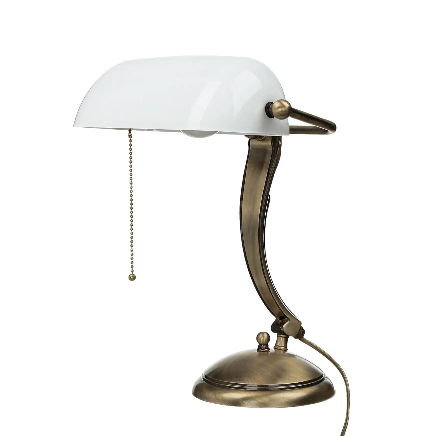 Licht-Erlebnisse Bankerleuchte Zugschalter Messing Glas 35 cm E27 Jugendstil