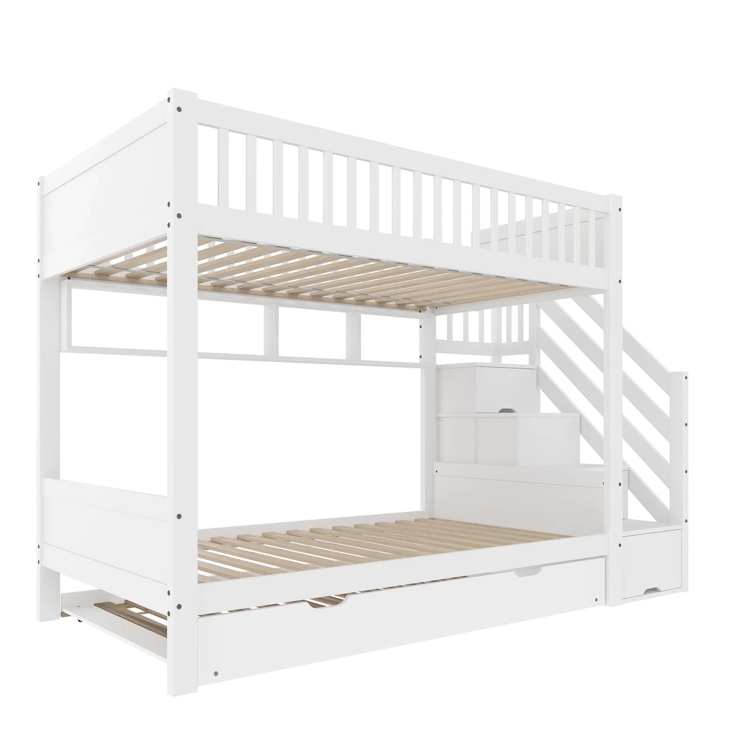 KOMHTOM Etagenbett Kinderbett Mit Ausziehbett Regal Kleiderschrank Staufach 90x200Cm Weiß Ohne Matratze