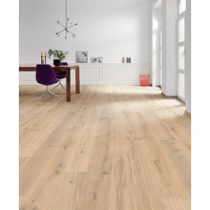 Heller Living by Haro Parkett Eiche Creme, Landhausdiele 2V strukturiert, naturgeölt im Wohnraum.